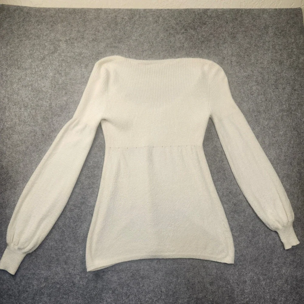 Moda International Cream Ribbed Empire Waist Bishop Sleeve Sweater Small